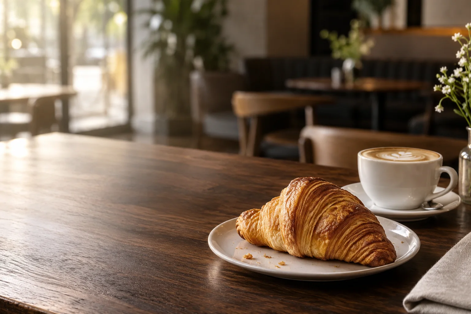 Croissant y cappuccino en una producción gastronómica ilustrativa